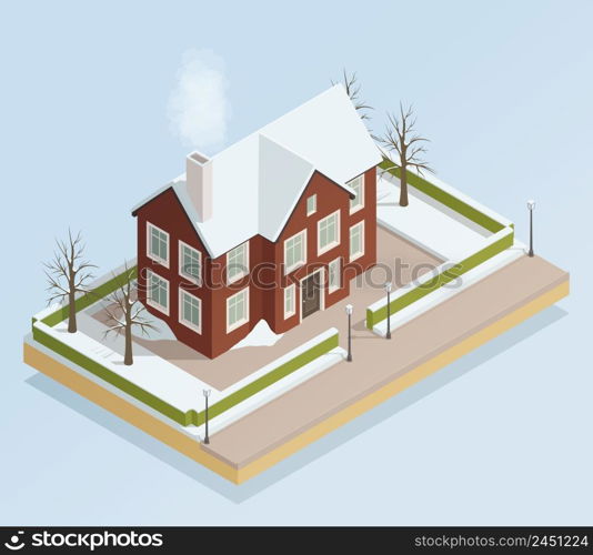 Freezy winter landscape with free standing town house with some land isometric elements composition vector illustration . Winter House Outdoor Isometric View