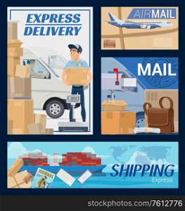 Freight and post mail parcels delivery, courier an postman. Cartoon van, airplane and shipping post and parcel worldwide delivery. Express shipment service, post office, mailman with box. Freight and post mail parcels delivery, courier