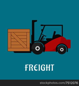 Freight delivery icon in flat style with red forklift truck and wooden container, for shipping theme design. Freight delivery flat icon with forklift truck