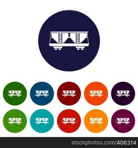 Freight railroad car set icons in different colors isolated on white background. Freight railroad car set icons