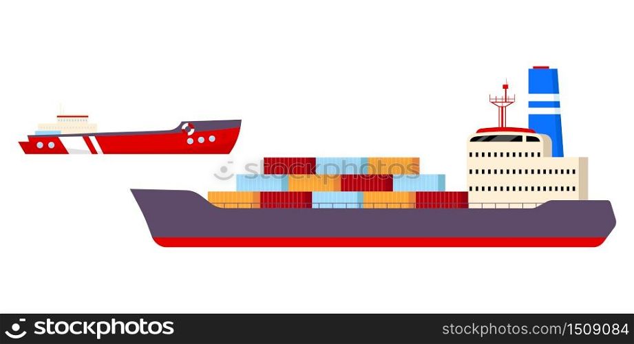 Freight ships flat color vector objects set. Industrial nautical vessels 2D isolated cartoon illustrations on white background. International cargo transportation, sea import, export business