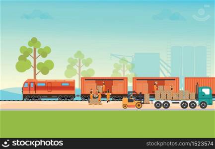 Freight train cargo cars. Container and box freight train cars. Logistics heavy railway transport design elements. Flat style vector illustration.