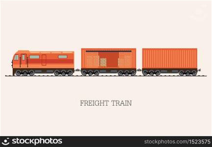 Freight train cargo cars isolated on background with Container and box freight train cars. Logistics heavy railway transport design elements . Flat style vector illustration.