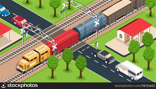 Freight train on railway crossing 3d isometric vector illustration