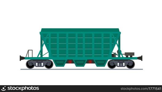 Freight train wagon. Hopper car view from side. specialized covered hopper railroad wagon for transporting bulk commodities isolated on white background. Vector illustration in flat style. Freight train wagon. Hopper car.