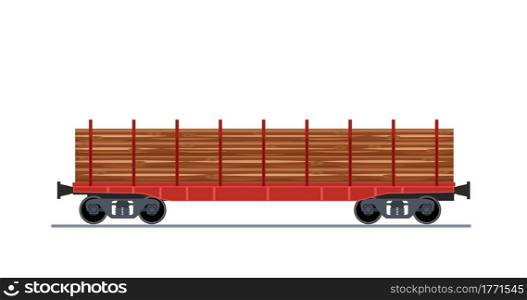 Freight train wagon isolated on white background icon. Loaded Cargo Train Wagon, Industrial Railroad Transportation. Vector illustration in flat style. Freight train wagon