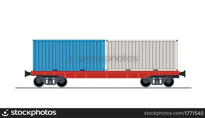 Freight train wagon. Railroad cars container view from side. Cargo train wagons isolated on white background icon. Industrial Railroad Transportation. Vector illustration in flat style. Freight train wagon.