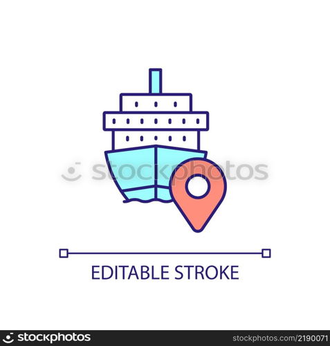 Freight transport RGB color icon. Ocean and maritime transportation. Sea vessel. Cargo shipment. Isolated vector illustration. Simple filled line drawing. Editable stroke. Arial font used. Freight transport RGB color icon