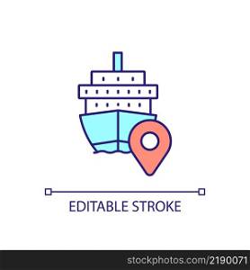 Freight transport RGB color icon. Ocean and maritime transportation. Sea vessel. Cargo shipment. Isolated vector illustration. Simple filled line drawing. Editable stroke. Arial font used. Freight transport RGB color icon