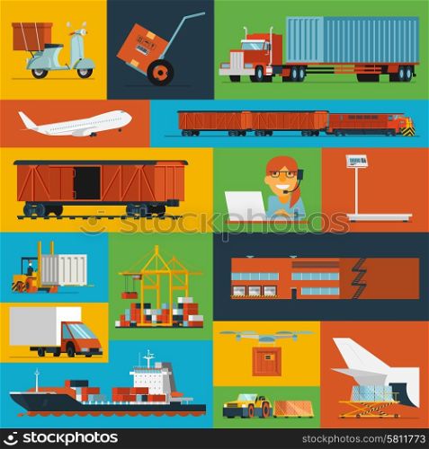 Freight transportation and delivery logistics flat icons set with international operator complex service abstract isolated vector illustration. Logistic icons set flat