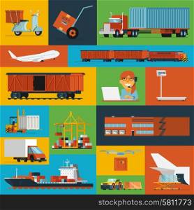 Freight transportation and delivery logistics flat icons set with international operator complex service abstract isolated vector illustration. Logistic icons set flat