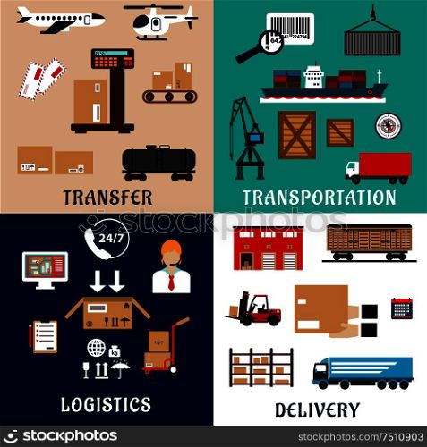 Freight transportation, shipping, storage, delivery and logistics flat icons. Container ship and wagon, cargo aircraft, truck, shipment, warehouse, weighing, packaging, customer service and delivery details