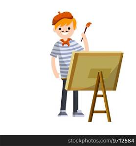 French artist in blue striped clothes with a red beret draws a picture with a paint brush on the easel. Frenchman at work. Stereot typical European of France. Creative person.. French artist in blue striped clothes