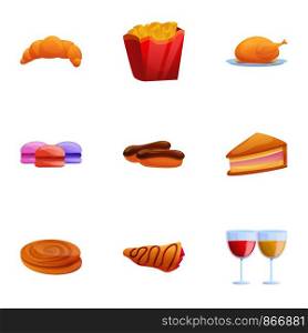 French bakery icon set. Cartoon set of 9 french bakery vector icons for web design isolated on white background. French bakery icon set, cartoon style