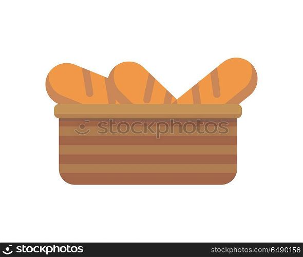French Bread in Basket. French bread in basket. Bread icon. Bakery logo. Bakery shop. Bakery basket. Fresh bread in flat design isolated on white background. Vector illustration.