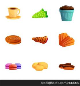 French breakfast icon set. Cartoon set of 9 french breakfast vector icons for web design isolated on white background. French breakfast icon set, cartoon style