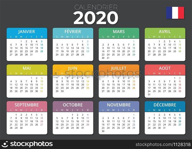 French calendar 2020 French flag. Horizontal calendar
