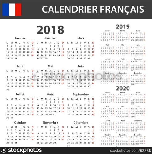 French Calendar for 2018, 2019 and 2020. Scheduler, agenda or diary template. Week starts on Monday
