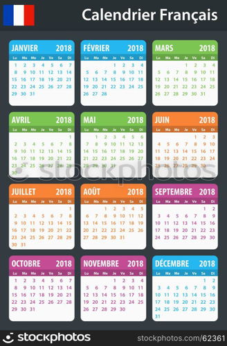 French Calendar for 2018. Scheduler, agenda or diary template. Week starts on Monday