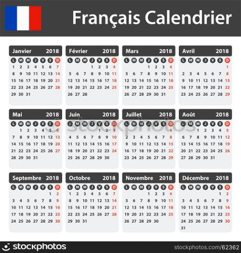 French Calendar for 2018. Scheduler, agenda or diary template. Week starts on Monday