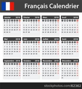 French Calendar for 2018. Scheduler, agenda or diary template. Week starts on Monday