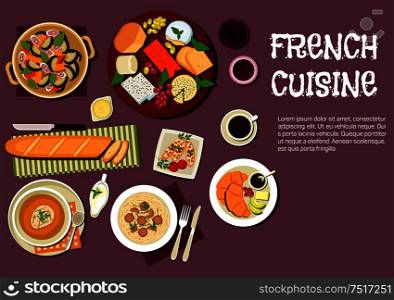 French cheese plate served with grapes and herbs icon, supplemented by baguette, tomato toasts, fig salad, onion soup with cheesy crouton, pasta, topped with truffles, croissants with cup of coffee and bottle of red wine. Flat style. Gourmet lunch of french cuisine flat icon