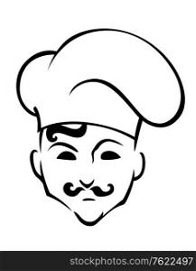 French chef in toque hat in cartoon style for restaurant or cafe design