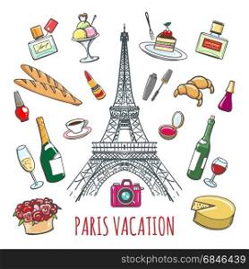 French country vacation doodle elements. French country vacation doodle elements. Paris colored sketch icons for fashion and restaurant design. Vector illustration