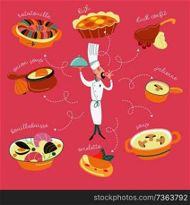 French cuisine. A set of French dishes with inscriptions. Cheerful chef with a dish makes a gesture with his hands signifying what is this dish delicious.