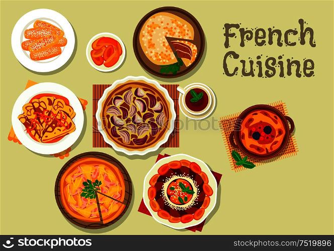 French cuisine dessert and pie icon with onion pie, meat pie with ham, pancake with orange sauce, apricot cake, creme brulee with berries, almond hard biscuit, stuffed whole cabbage with meat. French cuisine dessert, cake and pie icon