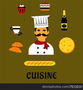 French cuisine flat icons with chef in white toque and red neckerchief surrounded by fresh croissants, baguette, cheese, wine bottle, cake, coffee cup and cupcake. French national cuisine flat icons