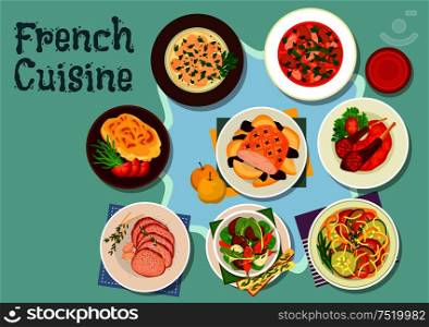 French cuisine icon with vegetable stew ratatouille, lamb ribs, potato cheese casserole, lamb stew with bacon, chateaubriand steak, beef stew, baked pork with fruits, beef kidneys fricassee. French cuisine icon for restaurant design