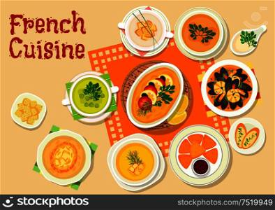 French cuisine lunch menu icon with onion soup, seafood stew, fried cheese with cranberry jam, lentil soup, cauliflower soup with croutons, pumpkin cream soup, green pea soup, flatfish souffle. French cuisine soups and snack dishes icon