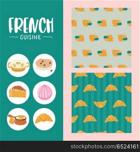 French cuisine. Vector illustration.. Escargot seamless pattern. Seamless pattern with croissants. French traditional dishes icons. In cartoon style.