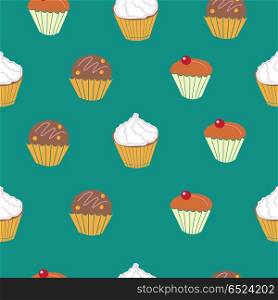 French cuisine. Vector illustration.. Seamless pattern on green background. Cakes, muffins, muffins. In a cartoon style. Vector illustration.