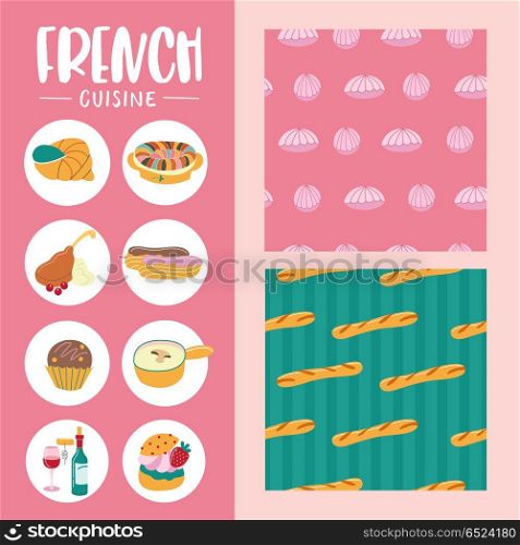 French cuisine. Vector illustration.. Traditional French cuisine. Icons. In a cartoon style. Seamless French bread baguette pattern on green background. Seamless pattern of pink marshmallows on a pink background.