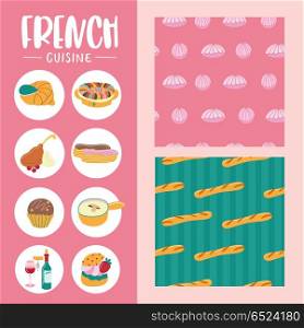 French cuisine. Vector illustration.. Traditional French cuisine. Icons. In a cartoon style. Seamless French bread baguette pattern on green background. Seamless pattern of pink marshmallows on a pink background.