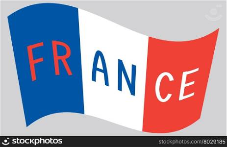 French flag waving with word France on gray background. French flag waving with word France