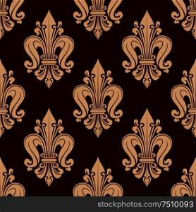 French fleur-de-lis seamless pattern with floral motif of stylized beige flowers with curled petals over red background. Wallpaper and interior usage. Beige french lilies pattern on red background