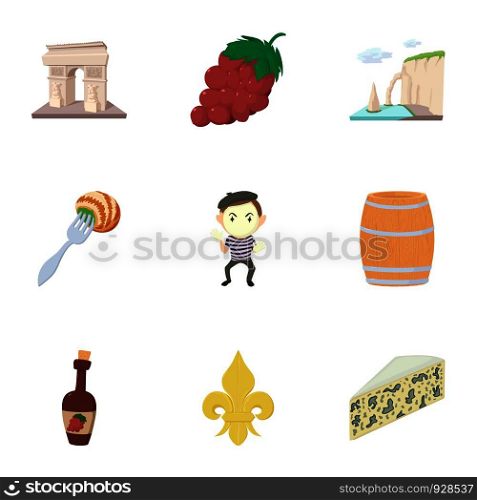 French food icons set. Cartoon set of 9 french food vector icons for web isolated on white background. French food icons set, cartoon style