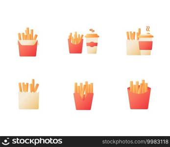 French fries and coffee takeout vector flat color icon set. Tea and fried potato offer. Fast food delivery. Cartoon style clip art for mobile app pack. Isolated RGB illustration bundle. French fries and coffee takeout vector flat color icon set