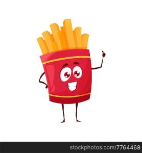 French fries cartoon character, fast food menu for kids, vector icon. Funny cute potato fries in red box with yummy smile and thumb up gesture, fastfood snack for street food bar. French fries cartoon character, fast food menu