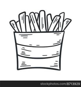 French fries doodle illustration. Hand drawn bag with potatoes. Fast food clipart isolated vector. Fried American food. French fries doodle illustration