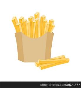 French fries. Fried potatoes in paper box, cartoon vector illustration isolated on white background. French fries. Fried potatoes in paper box, cartoon vector illustration