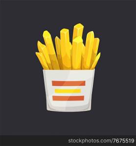French fries, fried potatoes in white box isolated takeaway food. Vector street food, fastfood snack, crispy fries with salt and paper. French fries, takeaway potato strips, vegetable sticks. Fried potatoes in box isolated fastfood snack icon