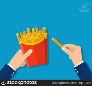 French fries in hands of men. French fries in paper box. Vector illustration in flat style. French fries in hands of men.