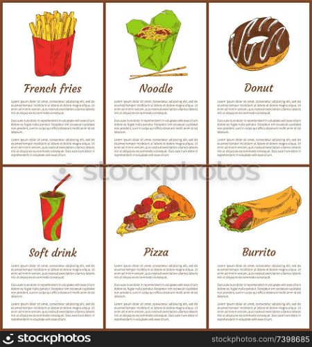 French fries in package and noodles in box. Fast food set sweet chocolate donut and soft drink. Pizza slice and mexican burrito vector illustration. French Fries and Noodles Set Vector Illustration
