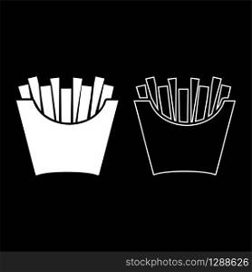 French fries in package Fried potatoes in paper bag Fast food in bucket box Snack concept icon outline set white color vector illustration flat style simple image. French fries in package Fried potatoes in paper bag Fast food in bucket box Snack concept icon outline set white color vector illustration flat style image
