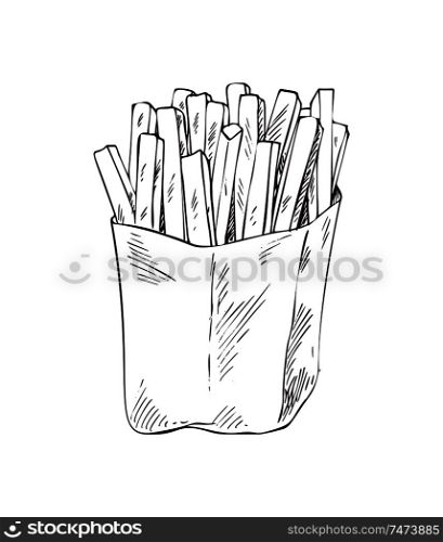 French fries in package sketch monochrome outline icon. Take away food, made of long fried potatoes sticks. American meals in box vector illustration. French Fries in Package Sketch Vector Illustration