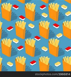 French fries in paper box seamless pattern. Fast food background. Cheese sauce and ketchup texture. food Ornament&#xA;